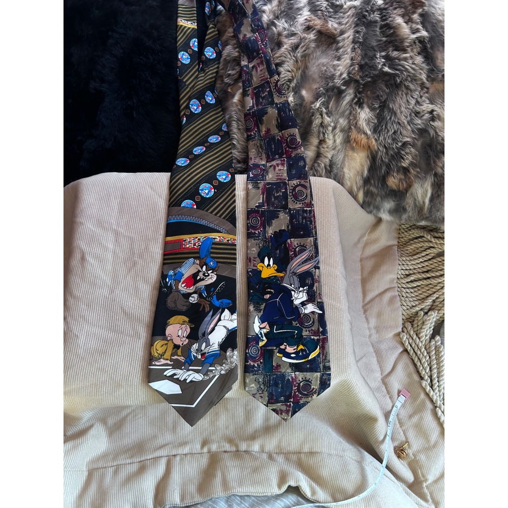 Vintage 90s Looney Tunes MLB‎ Blue Jays Bugs Bunny Necktie Lot 2 Mens